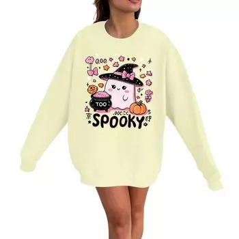 Женский повседневный модный пуловер с длинным рукавом и принтом на Хэллоуин, с круглым вырезом XL жёлтый