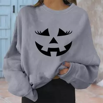 Женский повседневный модный пуловер с длинным рукавом и круглым вырезом с принтом Хэллоуина S серый