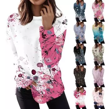 Женский повседневный модный пуловер с длинным рукавом и круглым вырезом с принтом XL тёмно-синий