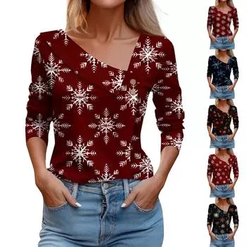 Женский повседневный модный пуловер с длинным рукавом с рождественским принтом и V-образным вырезом и пуговицами S синий