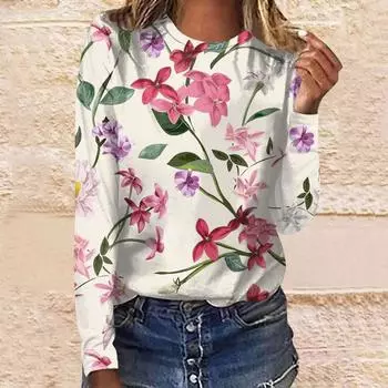 Женский повседневный модный пуловер с длинным рукавом и круглым вырезом с цветочным принтом XXL розовый