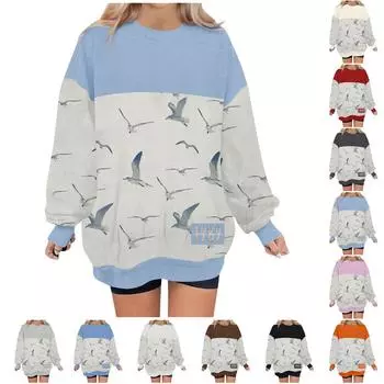 Женский повседневный модный пуловер с длинным рукавом и круглым вырезом с принтом S светло-синий