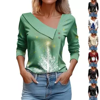 Женский повседневный модный пуловер с длинным рукавом с рождественским принтом и V-образным вырезом и пуговицами L чёрный