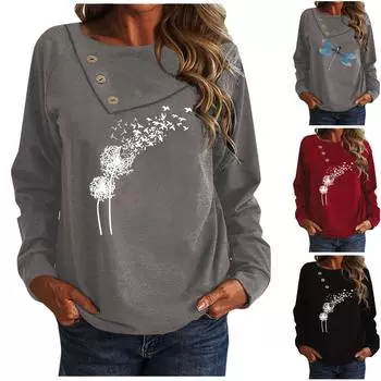 Женский повседневный модный пуловер с длинным рукавом и пуговицами с принтом S чёрный