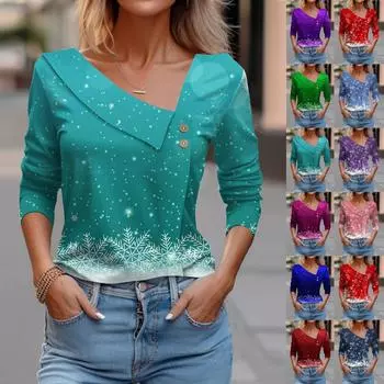 Женский повседневный модный пуловер с длинным рукавом с рождественским принтом и V-образным вырезом и пуговицами L синий