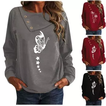 Женский повседневный модный пуловер с длинным рукавом и пуговицами с принтом XXL серый