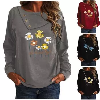 Женский повседневный модный пуловер с длинным рукавом и пуговицами с принтом L