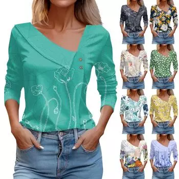 Женский повседневный модный пуловер с длинными рукавами и V-образным вырезом и пуговицами, топ с градиентом XXL