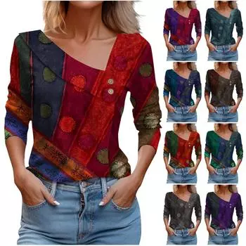 Женский повседневный модный пуловер с длинными рукавами и пуговицами с отворотом и V-образным вырезом XXXL коричневый