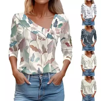 Женский повседневный модный пуловер с длинными рукавами и пуговицами с отворотом и V-образным вырезом XXXL