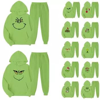 Женский повседневный модный пуловер с капюшоном и круглым вырезом, свободные рукава с принтом и свитер с круглым вырезом, комплект из двух предметов M зелёный