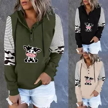 Женский повседневный модный пуловер с капюшоном и длинными рукавами с принтом коровы 2022 XL чёрный