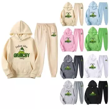 Женский повседневный модный пуловер с капюшоном и круглым вырезом, свободные рукава с принтом и свитер с круглым вырезом, комплект из двух предметов S