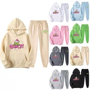 Женский повседневный модный пуловер с капюшоном и круглым вырезом, свободные рукава с принтом и свитер с круглым вырезом, комплект из двух предметов S чёрный