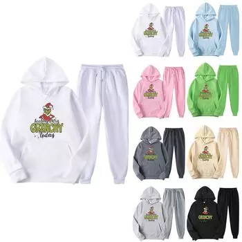 Женский повседневный модный пуловер с капюшоном и круглым вырезом, свободные рукава с принтом и свитер с круглым вырезом, комплект из двух предметов L чёрный