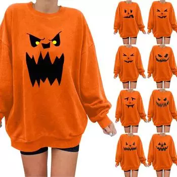 Женский повседневный модный пуловер с круглым вырезом и длинным рукавом с принтом на Хэллоуин XXL чёрный
