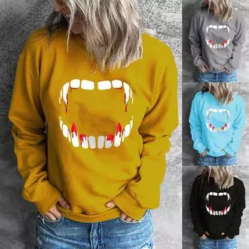 Женский повседневный модный пуловер с круглым вырезом и длинным рукавом с принтом Хэллоуина 2022 года M синий