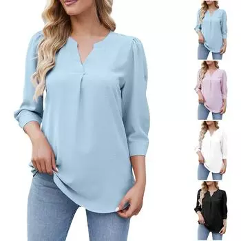 Женский повседневный модный пуловер с v-образным вырезом, свободная однотонная футболка с длинными рукавами для поездок на работу L чёрный