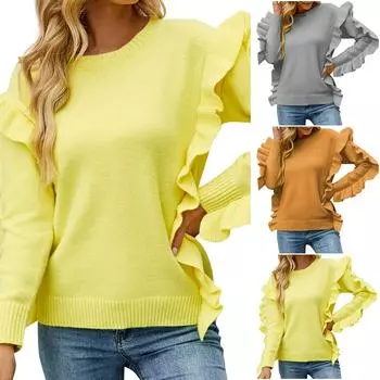 Женский повседневный модный пуловер, вязаный однотонный свободный свитер с рюшами и рукавами XL жёлтый