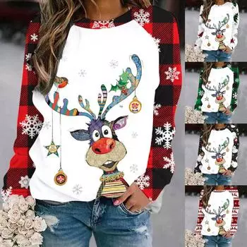Женский повседневный модный рождественский принт с длинным рукавом и круглым вырезом, пуловер, топ L чёрный