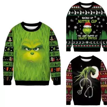 Женский повседневный модный рождественский принт с длинным рукавом, пуловер с Санта-Клаусом, повседневная толстовка XXL чёрный