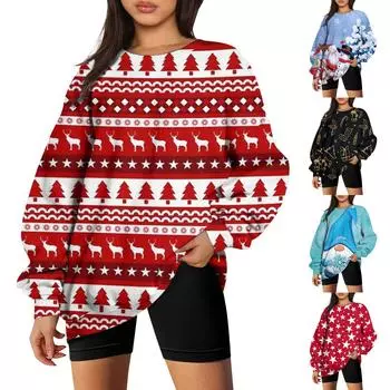 Женский повседневный модный рождественский принт с длинным рукавом и круглым вырезом, пуловер, топ L чёрный