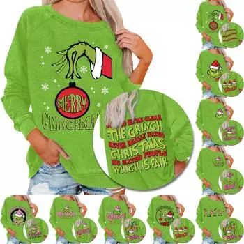 Женский повседневный модный рождественский принт с длинным рукавом и круглым вырезом, пуловер, топ S винный