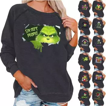 Женский повседневный модный рождественский принт с длинным рукавом и круглым вырезом, пуловер, топ L армия зеленый