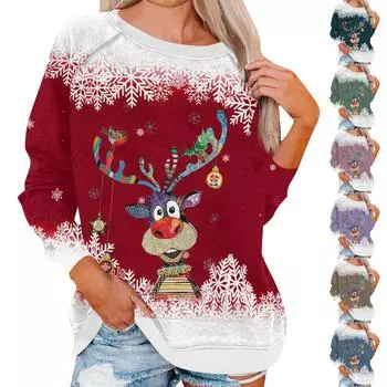 Женский повседневный модный рождественский принт с длинным рукавом и круглым вырезом, пуловер, топ M фиолетовый