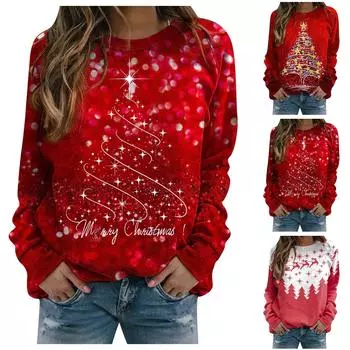 Женский повседневный модный рождественский принт с длинным рукавом и круглым вырезом, пуловер, топ L синий