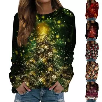 Женский повседневный модный рождественский принт с длинным рукавом и круглым вырезом, пуловер, топ L чёрный