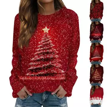 Женский повседневный модный рождественский принт с длинным рукавом и круглым вырезом, пуловер, топ L