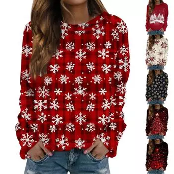 Женский повседневный модный рождественский принт с длинным рукавом и круглым вырезом, пуловер, топ L