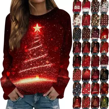 Женский повседневный модный рождественский принт с длинным рукавом и круглым вырезом, пуловер, топ L
