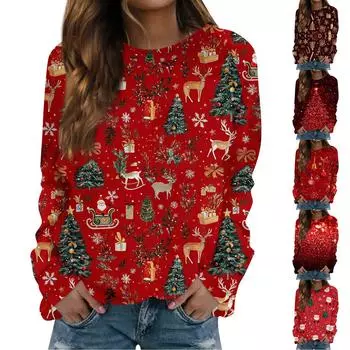Женский повседневный модный рождественский принт с длинным рукавом и круглым вырезом, пуловер, топ L