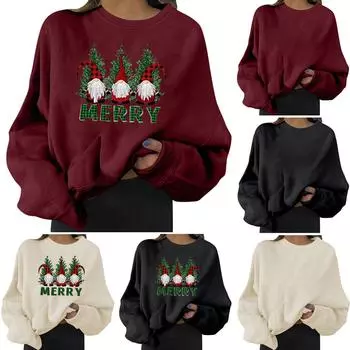 Женский повседневный модный рождественский пуловер с длинным рукавом и круглым вырезом с принтом XXL винный