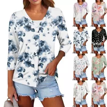 Женский повседневный модный сексуальный комфортный крутой дышащий кардиган с цветочным принтом и v-образным вырезом на пуговицах, топ с рукавами три четверти S