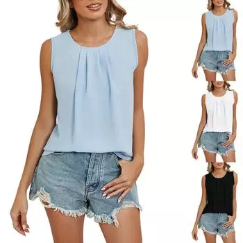 Женский повседневный модный сексуальный новый плиссированный жилет с круглым вырезом L чёрный