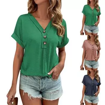 Женский повседневный модный сексуальный однотонный пуловер с v-образным вырезом, удобный свободный топ на пуговицах с короткими рукавами L