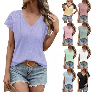 Женский повседневный модный сексуальный однотонный пуловер с v-образным вырезом, удобный свободный топ с короткими рукавами и кружевными рукавами L чёрный