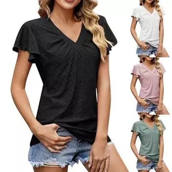 Женский повседневный модный сексуальный однотонный топ с v-образным вырезом и короткими рукавами L чёрный