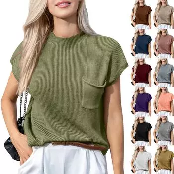 Женский повседневный модный сексуальный однотонный удобный и дышащий пуловер с круглым вырезом, вязаный топ с карманами