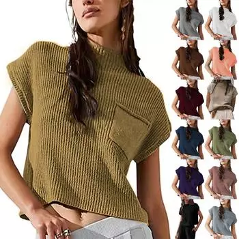 Женский повседневный модный сексуальный однотонный удобный и дышащий пуловер с круглым вырезом, вязаный топ с карманами L чёрный