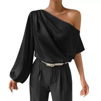 Женский повседневный модный сексуальный свободный топ с открытыми плечами и длинными рукавами L чёрный