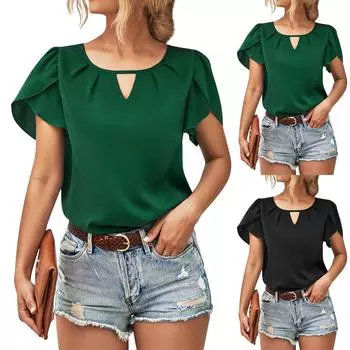 Женский повседневный, модный, сексуальный, удобный и крутой однотонный элегантный топ с круглым вырезом и сборками L чёрный