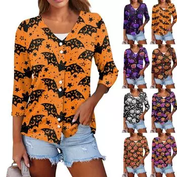 Женский повседневный модный сексуальный удобный кардиган с v-образным вырезом и принтом на Хэллоуин, три четверти, короткий рукав M киноварь