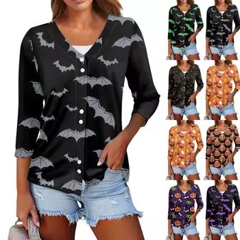 Женский повседневный модный сексуальный удобный кардиган с v-образным вырезом и принтом на Хэллоуин, три четверти, короткий рукав M
