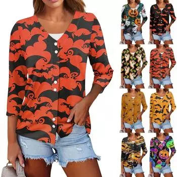 Женский повседневный модный сексуальный удобный кардиган с v-образным вырезом и принтом на Хэллоуин, три четверти, короткий рукав XXL чёрный