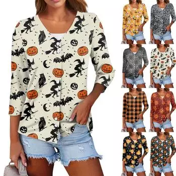 Женский повседневный модный сексуальный удобный кардиган с v-образным вырезом и принтом на Хэллоуин, три четверти, короткий рукав XXL имбирный