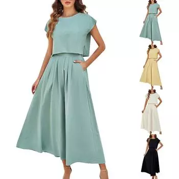 Женский повседневный модный сексуальный удобный крутой дышащий однотонный топ без рукавов с длинной юбкой костюм XL жёлтый